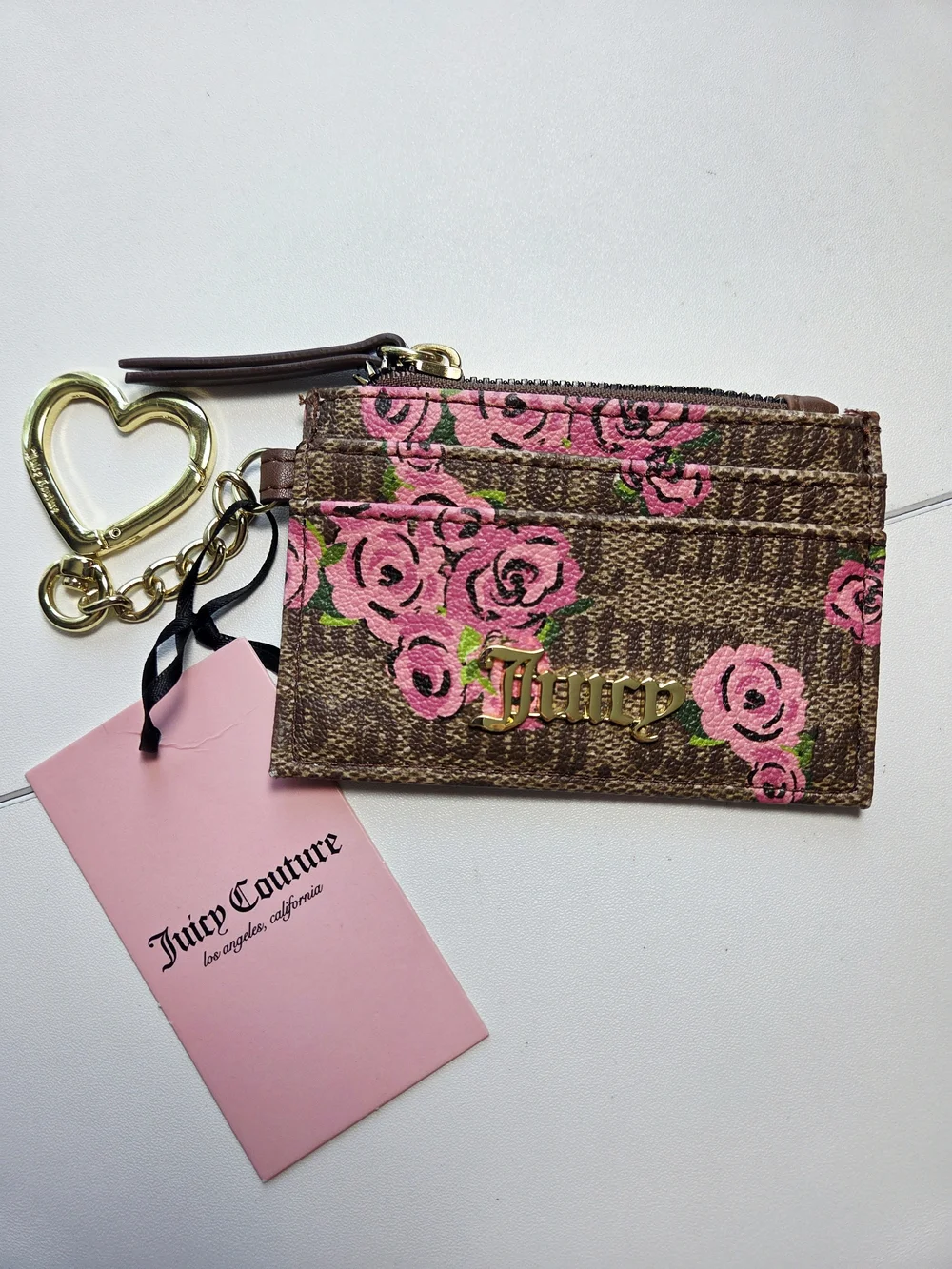 Juicy Couture Monogram Card Holder Brown w/ Pink Rose Print & Heart Keychain NWT